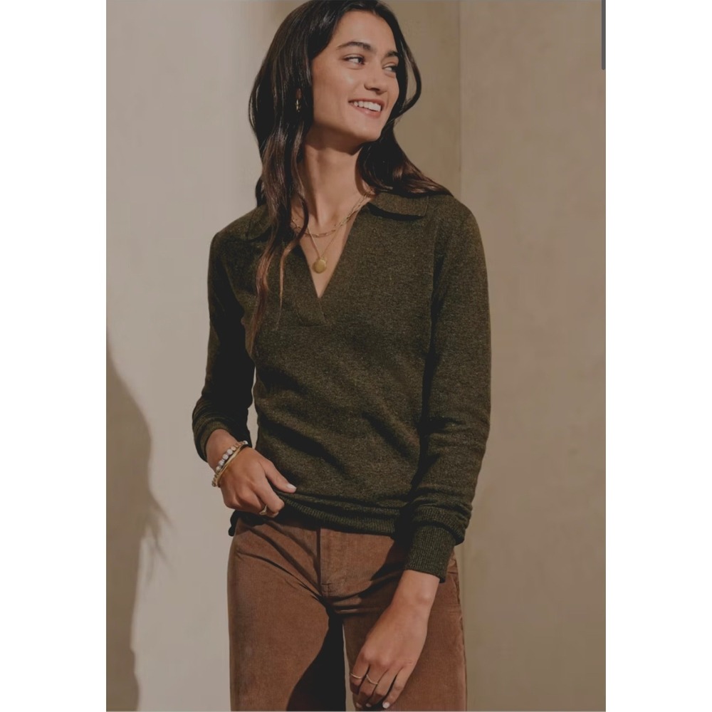 Faherty Jackson Sweater Polo Womens M Olive Green Long Sleeve V-Neck